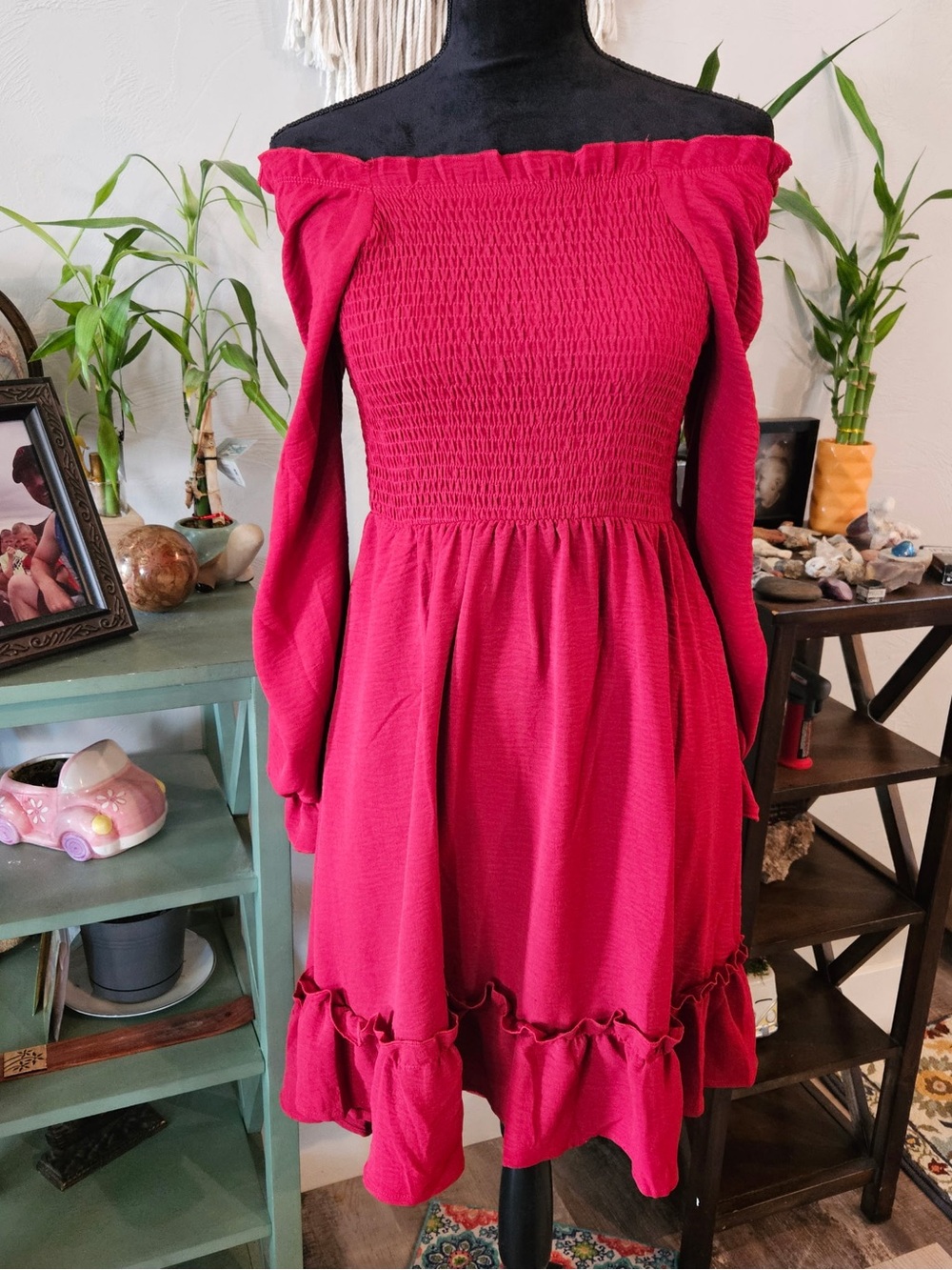 Girls Off-Shoulder Smocked Red Dress